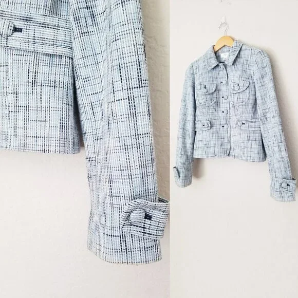 LOFT Ann Taylor Light Blue Tweed 100% Cotton Blazer Jacket 4 Preppy Office Boho - Picture 10 of 15